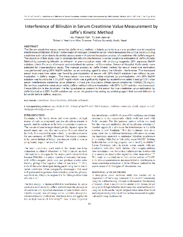 (PDF) Interference of Bilirubin in Serum Creatinine Realtime Value