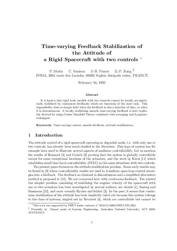 (PDF) Time-varying feedback stabilization of the attitude of a rigid ...