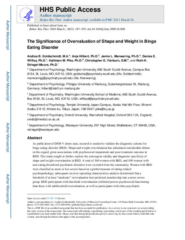 (PDF) The significance of overvaluation of shape and weight in binge ...