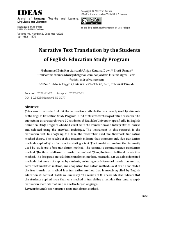 (PDF) Narrative Text Translation by the Students of English Education ...