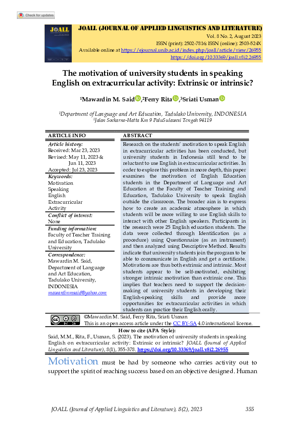 (PDF) The motivation of university students in speaking English on ...