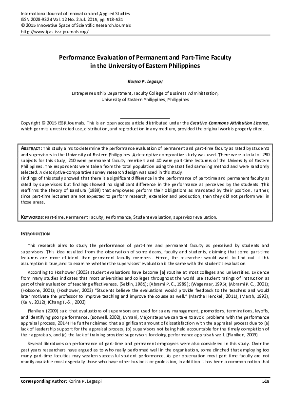 (PDF) Performance Evaluation of Permanent and Part-Time Faculty in the ...
