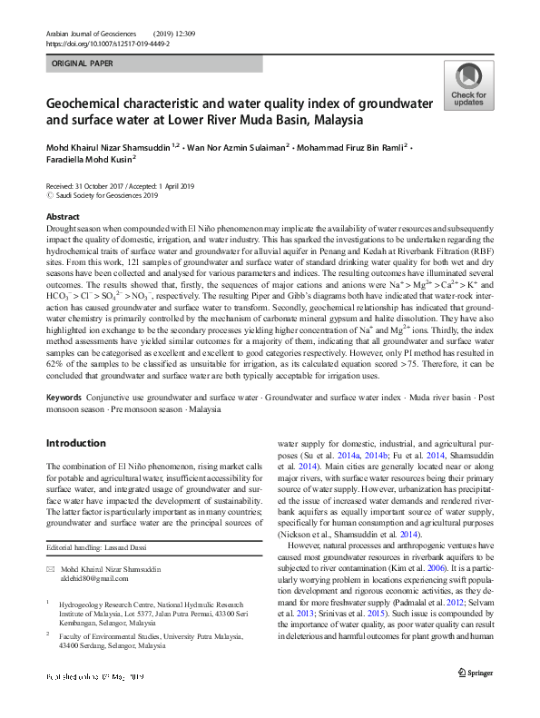 (PDF) Geochemical characteristic and water quality index of groundwater ...