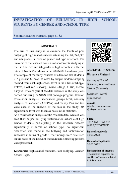 (PDF) Investigation of Bullying in High School Students by Gender and ...