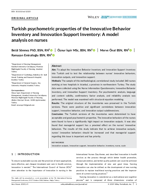 (PDF) Turkish psychometric properties of the Innovative Behavior ...
