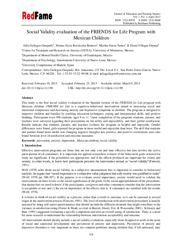 (PDF) Social Validity evaluation of the FRIENDS for Life Program with ...