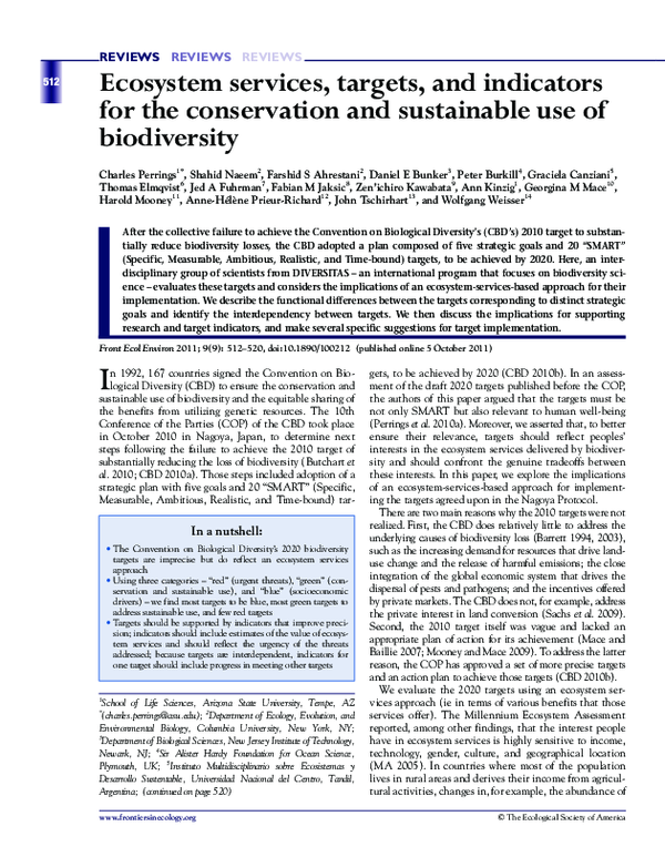 (PDF) Ecosystem services, targets, and indicators for the conservation ...