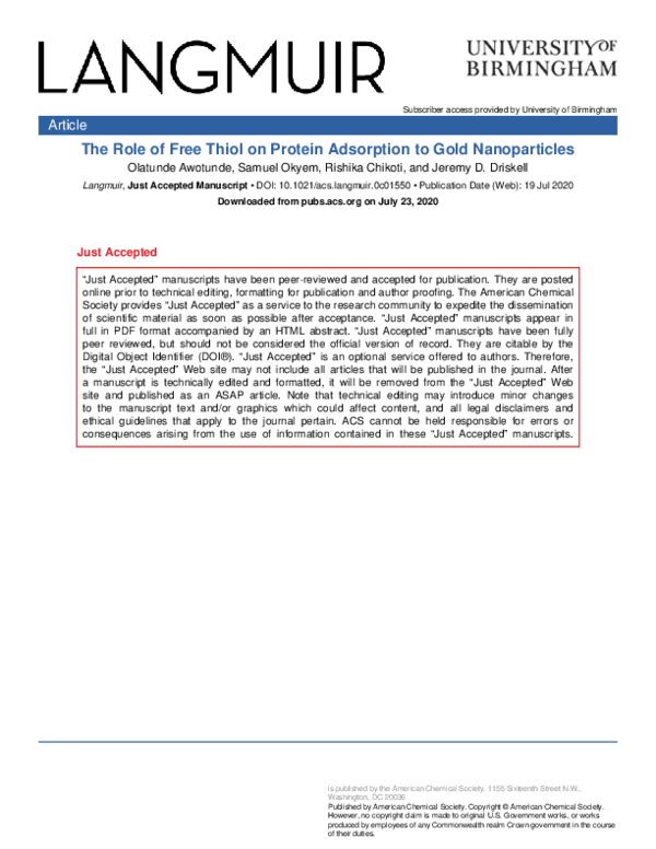 (PDF) Role of Free Thiol on Protein Adsorption to Gold Nanoparticles