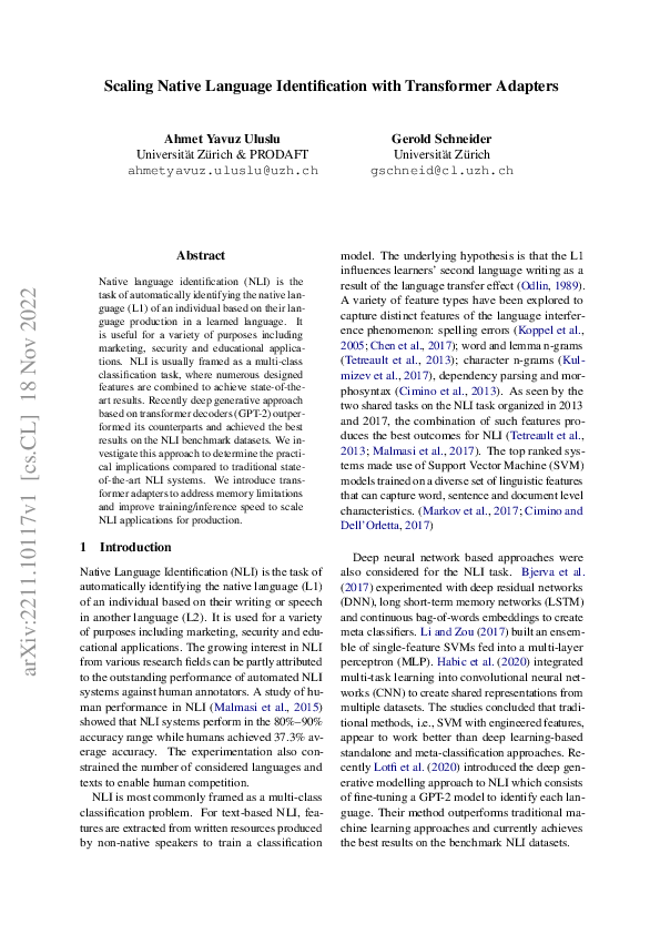 (PDF) Scaling Native Language Identification with Transformer Adapters