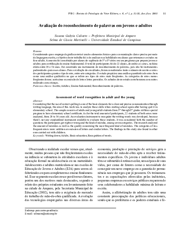 (PDF) Assessment of word recognition in adult and the young