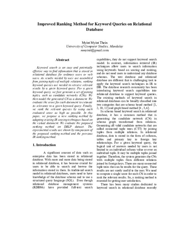 (PDF) Improved Ranking Method for Keyword Queries on Relational Database