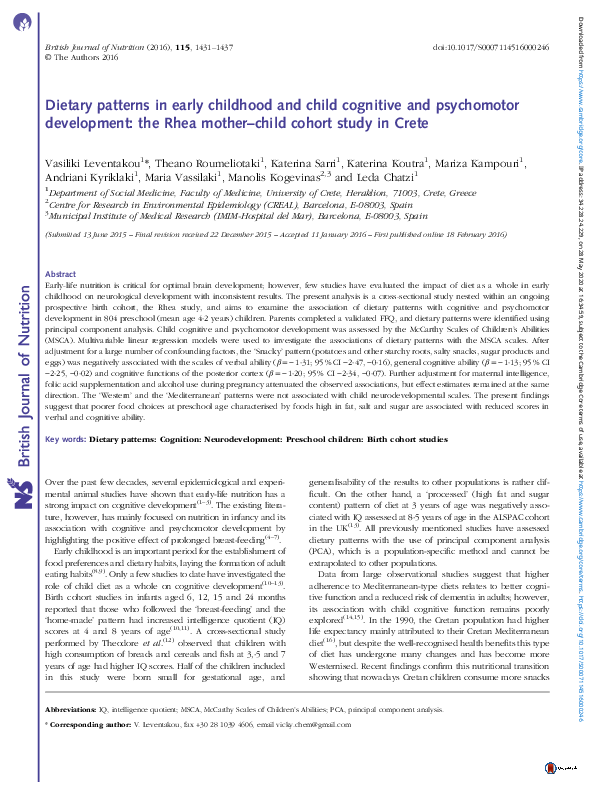 (PDF) Dietary patterns in early childhood and child cognitive and ...