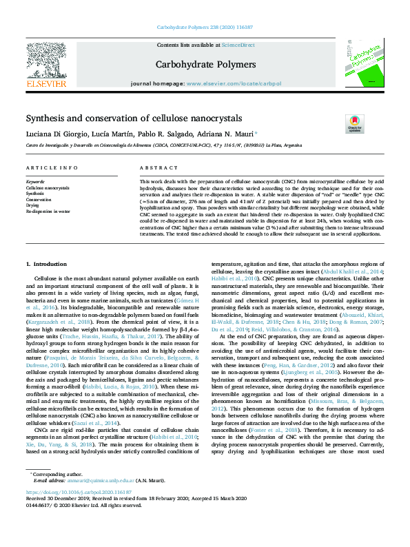 (PDF) Synthesis and conservation of cellulose nanocrystals