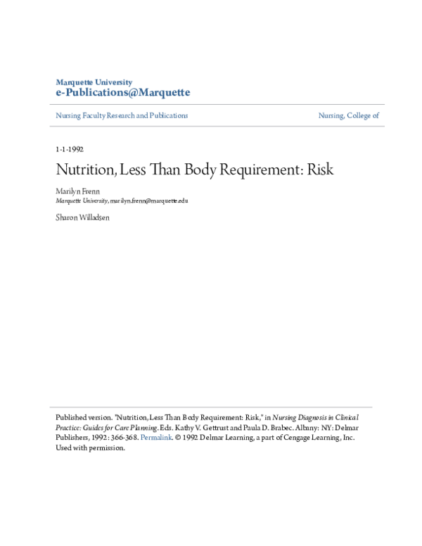 (PDF) Nutrition, Less Than Body Requirement: Risk | Marilyn Frenn ...