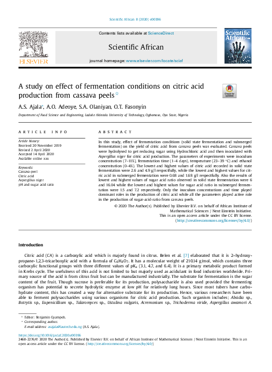 (PDF) A study on effect of fermentation conditions on citric acid ...