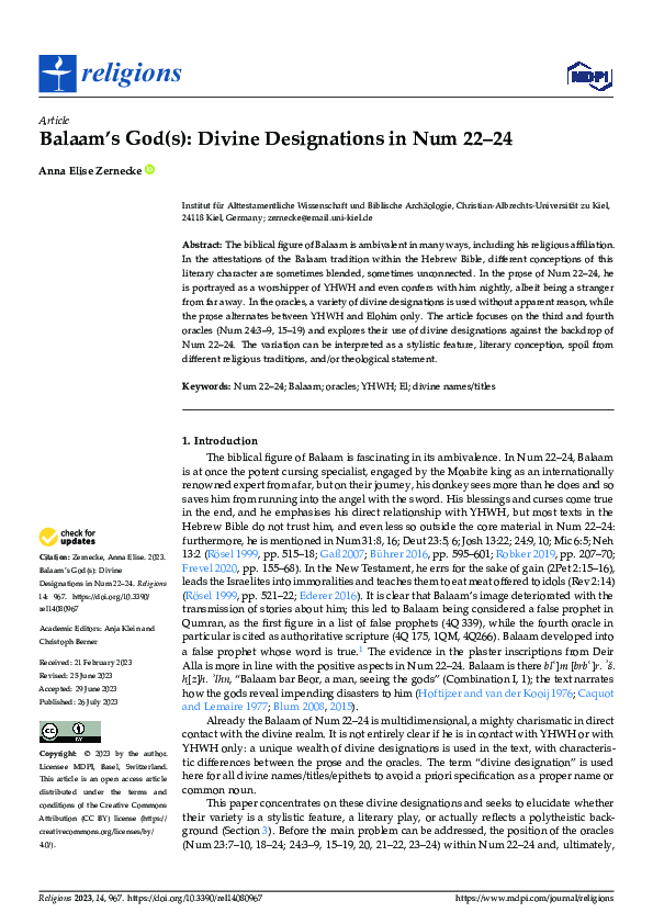 (PDF) Balaam’s God(s): Divine Designations in Num 22–24