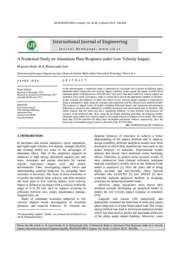 (PDF) A Numerical Study on Aluminum Plate Response under Low Velocity ...
