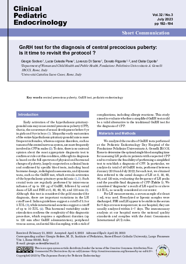 (PDF) GnRH test for the diagnosis of central precocious puberty: is it ...