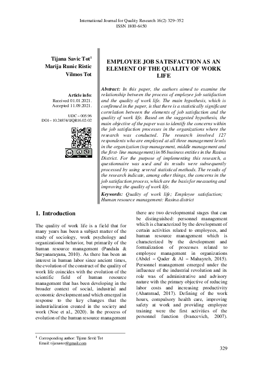 (PDF) Employee Job Satisfaction as an Element of the Quality of Work Life