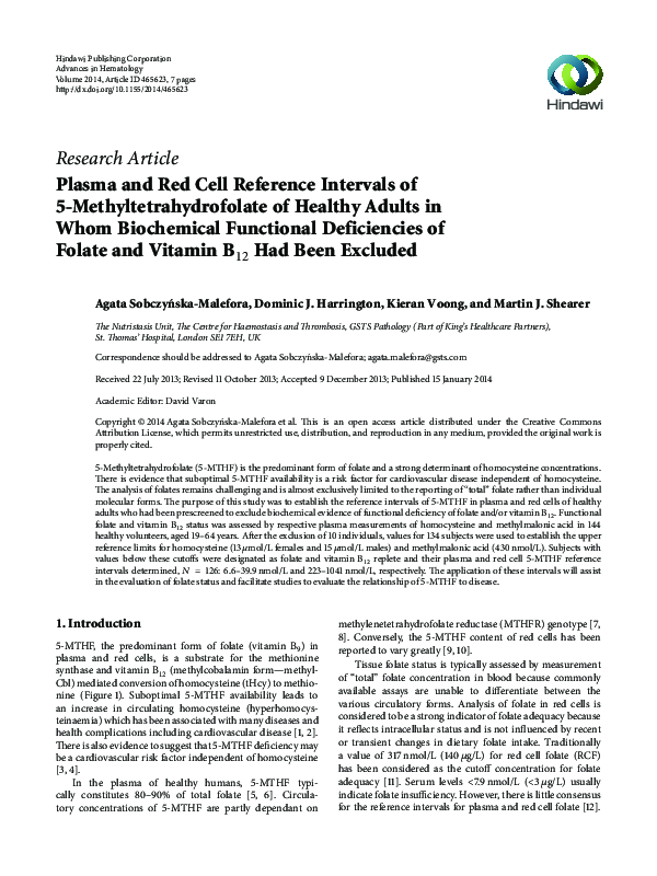 (PDF) Plasma and red cell reference intervals of 5 ...