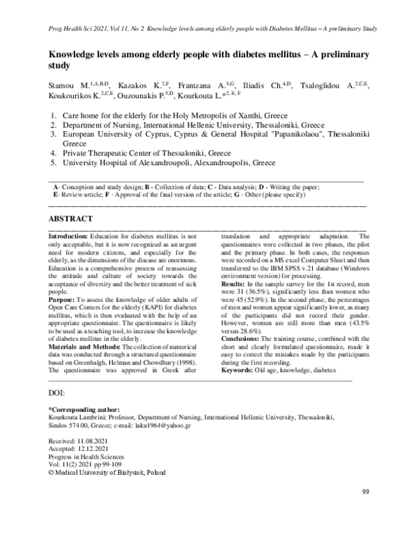 (PDF) Knowledge levels among elderly people with diabetes mellitus – A ...