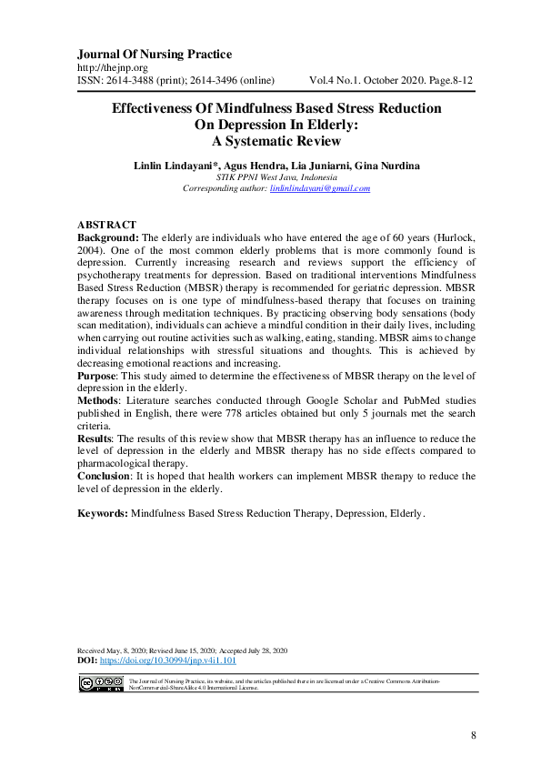 (PDF) Effectiveness Of Mindfulness Based Stress Reduction On Depression ...