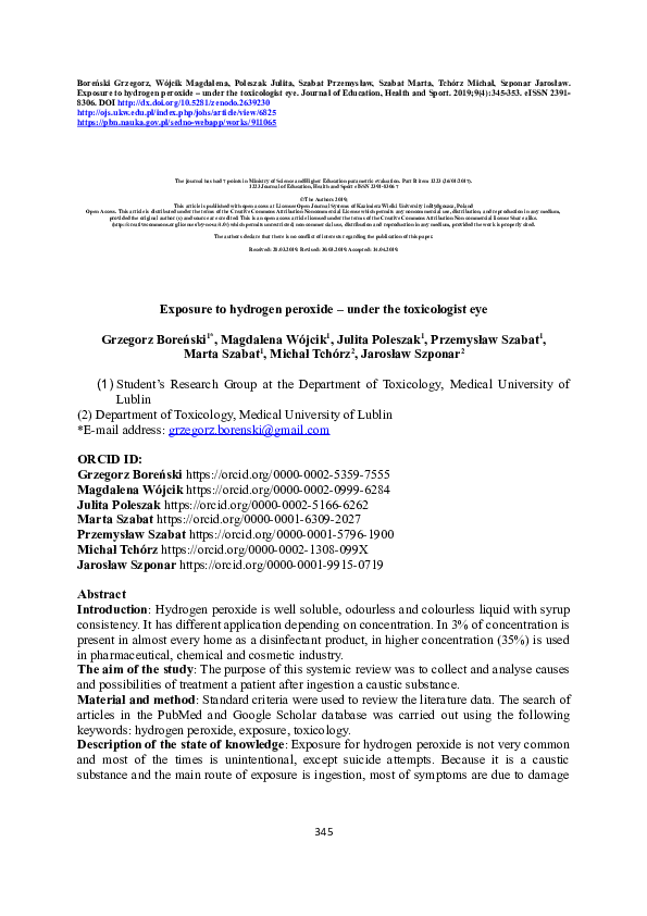 (PDF) Exposure to hydrogen peroxide – under the toxicologist eye