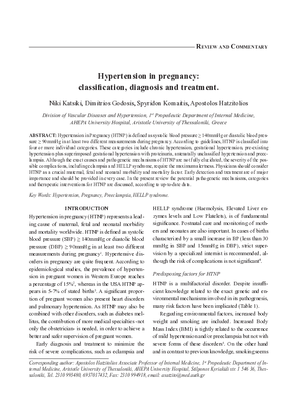 (PDF) Hypertension in pregnancy: classification, diagnosis and treatment