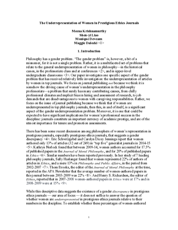 (PDF) The Underrepresentation of Women in Prestigious Ethics Journals