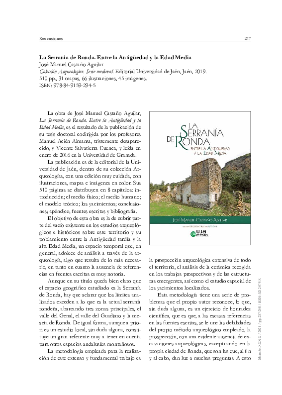 (PDF) Recensión: La Serranía de Ronda. Entre la Antigüedad y la Edad Media
