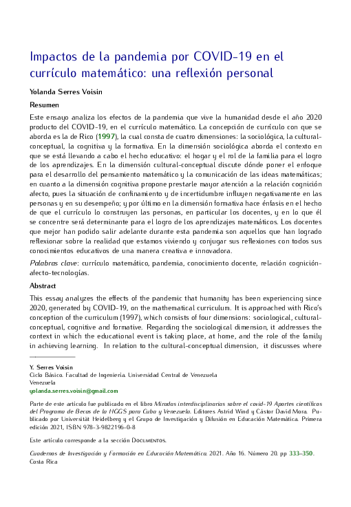 (PDF) Impactos de la pandemia por COVID-19 en el currículo matemático ...