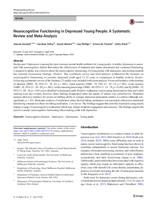 (PDF) Neurocognitive Functioning in Depressed Young People: A ...