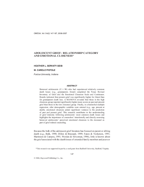 (PDF) Adolescent Grief: Relationship Category and Emotional Closeness