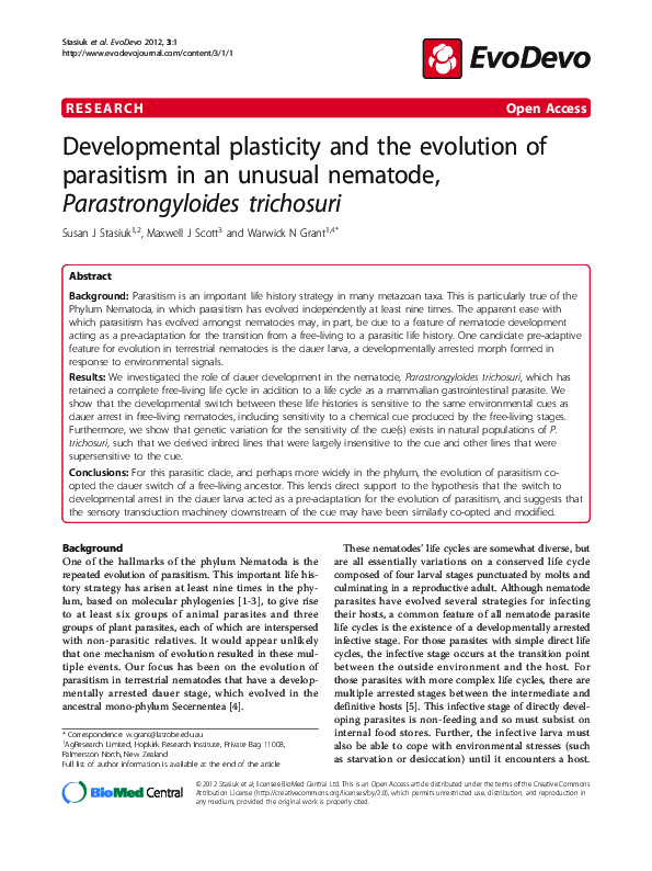 (PDF) Developmental plasticity and the evolution of parasitism in an ...