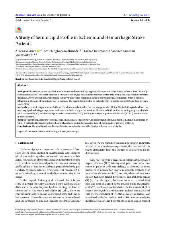 (PDF) A Study of Serum Lipid Profile in Ischemic and Hemorrhagic Stroke ...