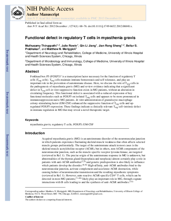 (PDF) Functional defect in regulatory T cells in myasthenia gravis