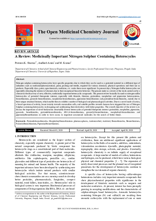 (PDF) A Review: Medicinally Important Nitrogen Sulphur Containing ...
