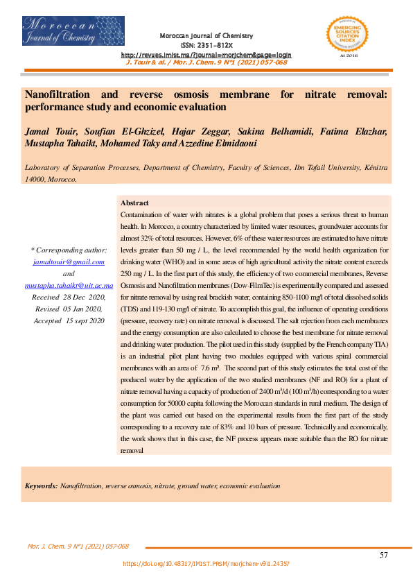 (PDF) Nanofiltration and reverse osmosis membrane for nitrate removal ...