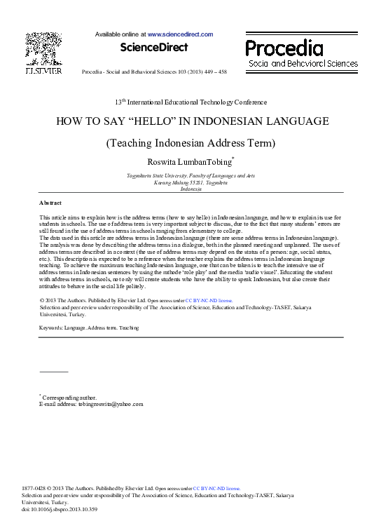 (PDF) How to Say “HELLO” in Indonesian Language (Teaching Indonesian ...