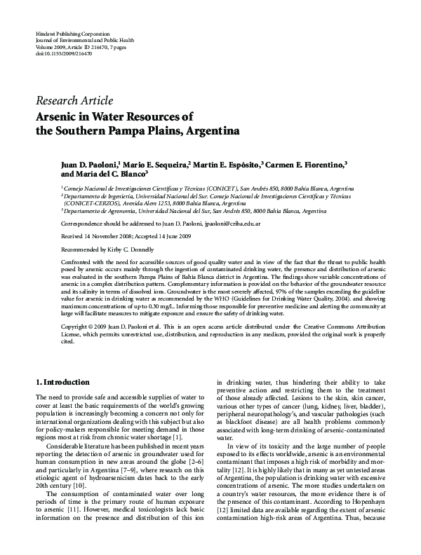 (PDF) Research Article Arsenic in Water Resources of