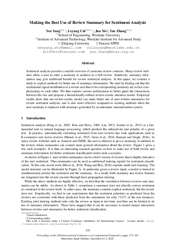 (PDF) Making the Best Use of Review Summary for Sentiment Analysis