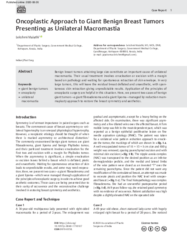 (PDF) Oncoplastic Approach to Giant Benign Breast Tumors Presenting as ...