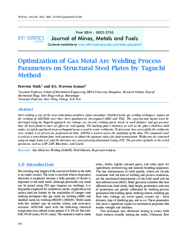 (PDF) Optimization of Gas Metal Arc Welding Process Parameters on ...