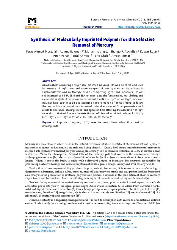 (PDF) Synthesis of Molecularly Imprinted Polymer for the Selective ...