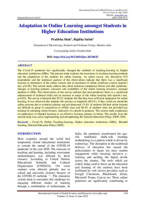 (PDF) Adaptation to Online Learning amongst Students in Higher ...