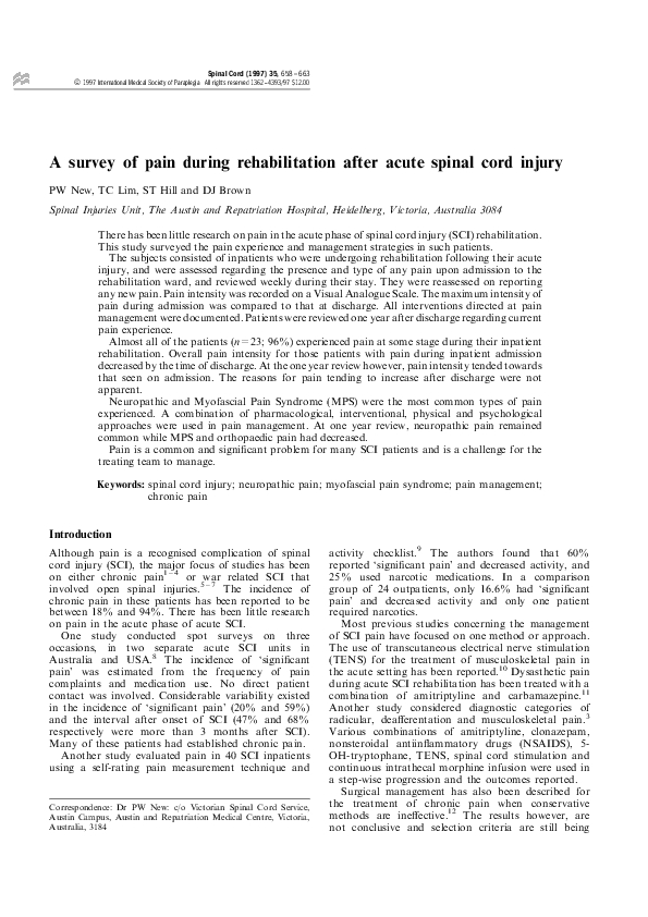 (PDF) A survey of pain during rehabilitation after acute spinal cord injury