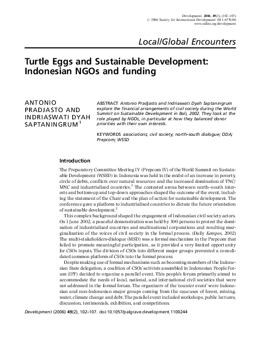 (PDF) Turtle Eggs and Sustainable Development: Indonesian NGOs and funding