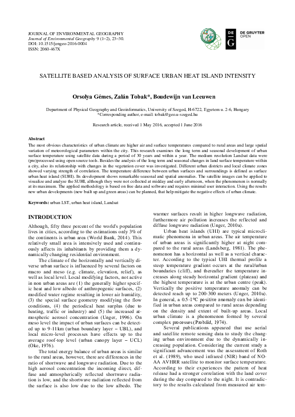 (PDF) Satellite Based Analysis of Surface Urban Heat Island Intensity