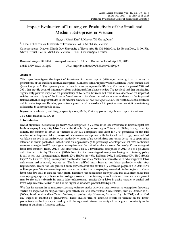 (PDF) Impact Evaluation of Training on Productivity of the Small and ...