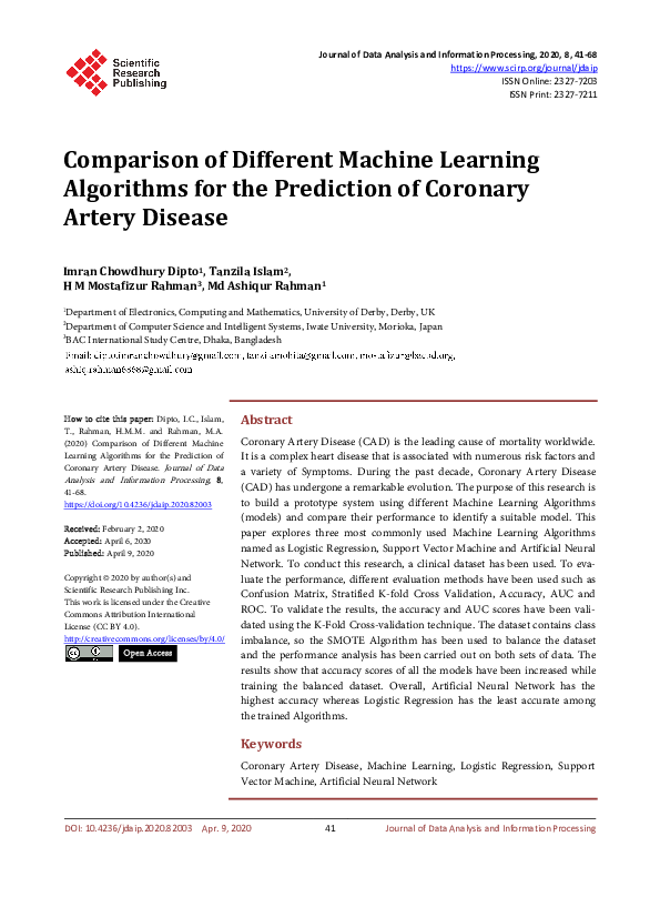(PDF) Experiments with Machine Learning in the Prediction of Coronary ...
